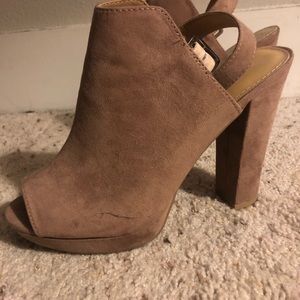 Suede Tan Open Toe Heels by Report